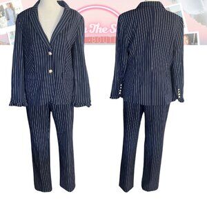 Chico’s Navy Stripe Pearl Button Blazer & Pant Set M -1P (6-8) 2 PC